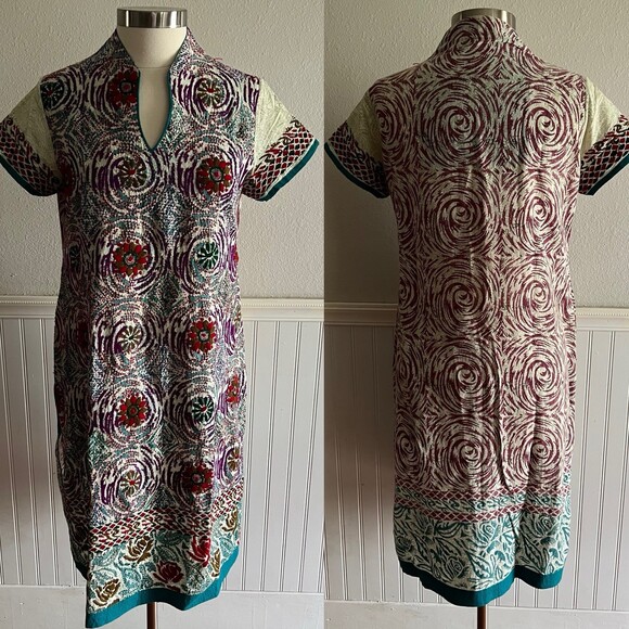 Chanda Tops - Women's Short Sleeve Side Split Tunic Kameez Multicolor Embroidered Cotton M